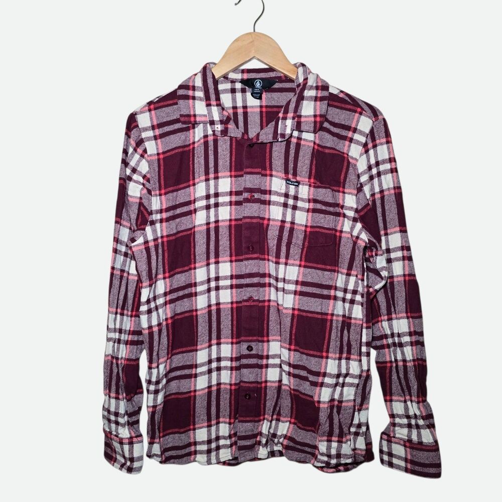 Volcom Womens Medium Burgundy Pink Plaid Flannel Button Down Shirt